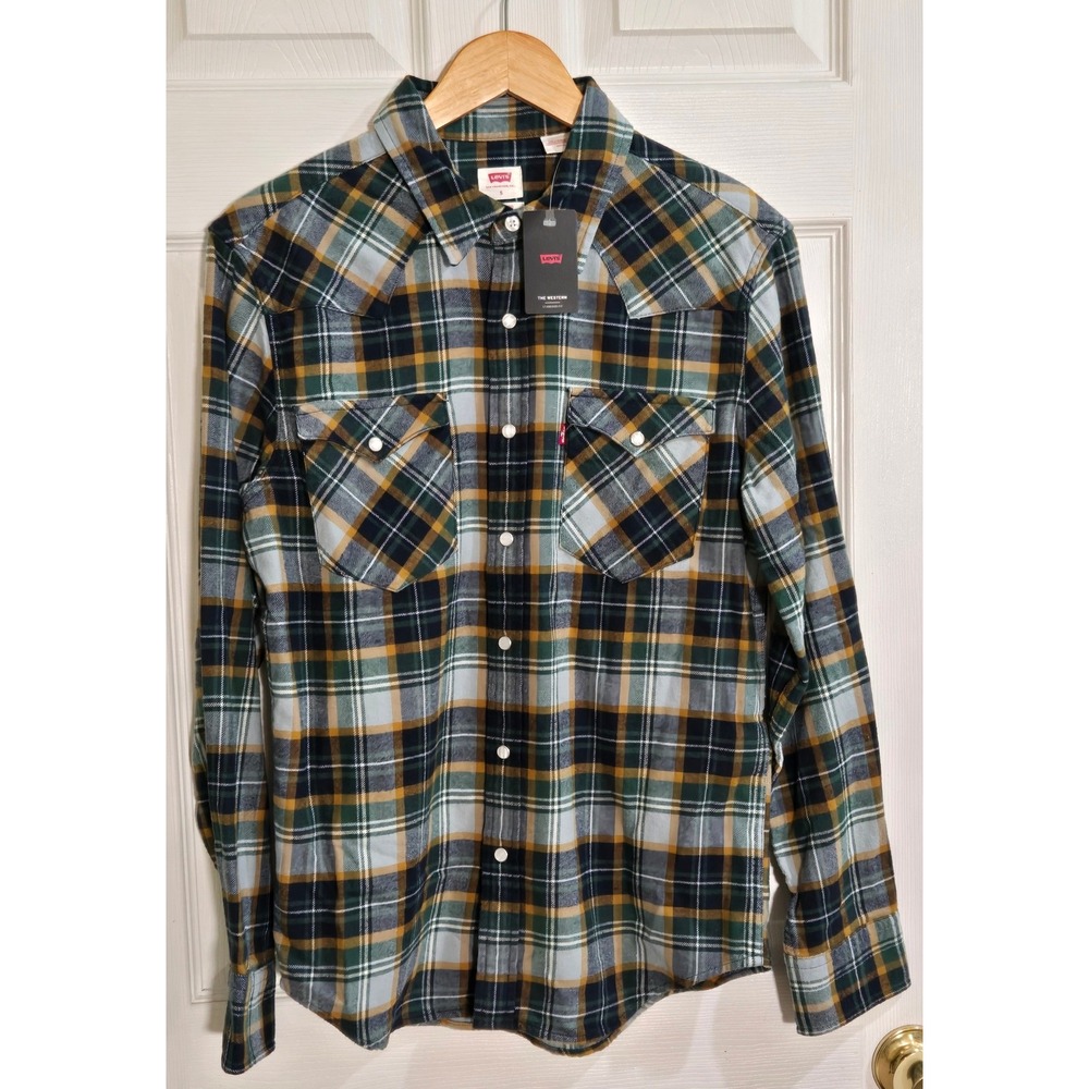 Levis Mens Western Plaid Flannel Shirt Pearl Snap Green Gold 857450242 SMALL